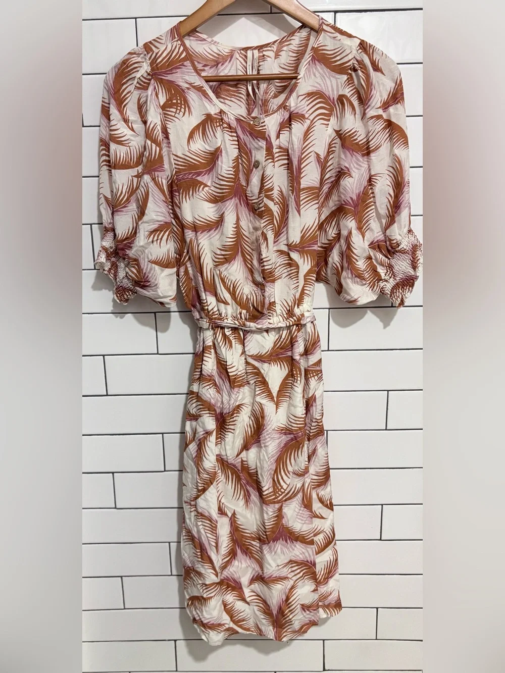 Anthropologie Nicole Linen Puff Sleeve Feathers Ivory Shirt Dress